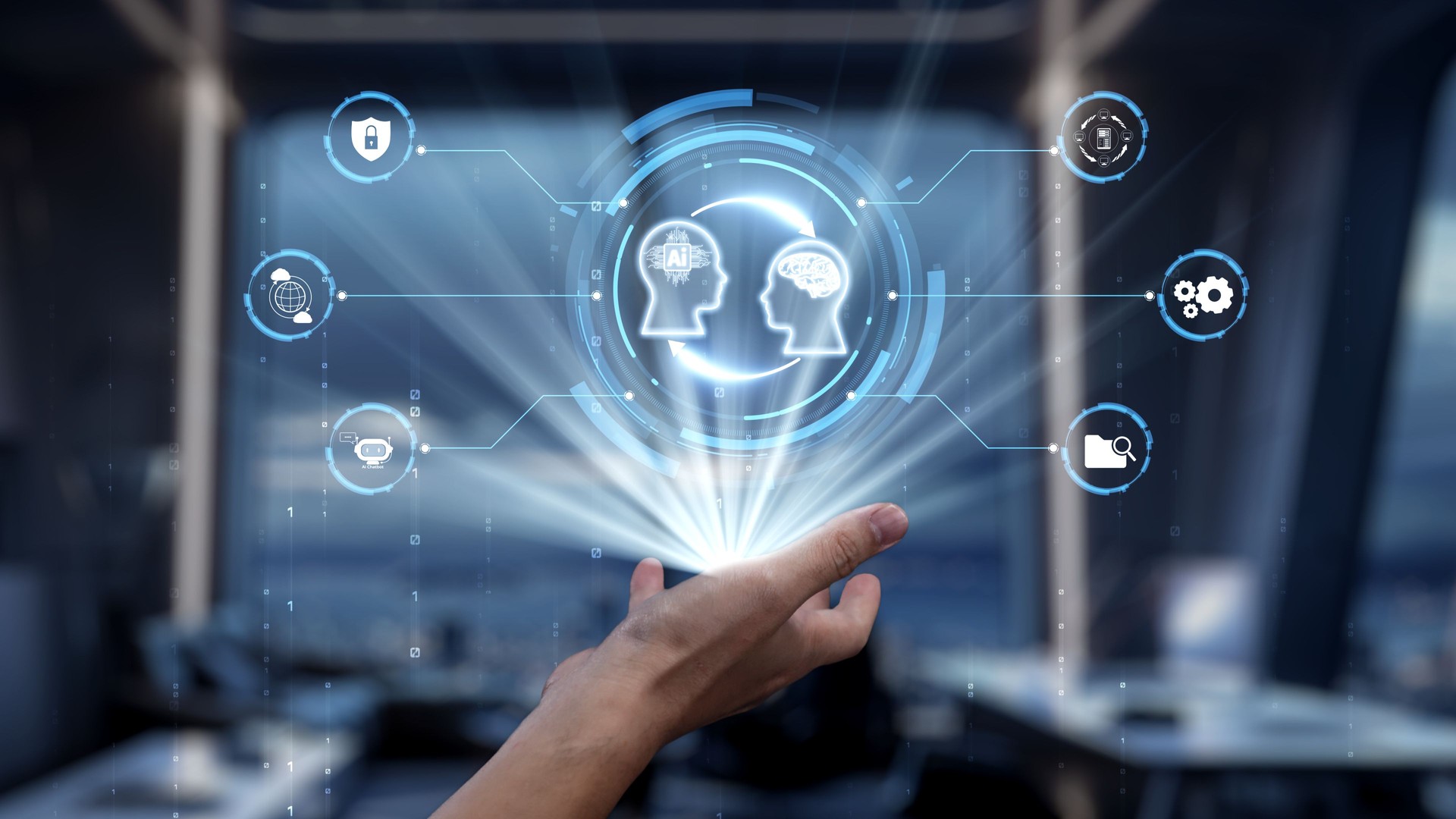 Digital Brain Interface Concept for AI and Human Interaction in Modern Office Environment with Futuristic Holographic Display Technology. Auvana