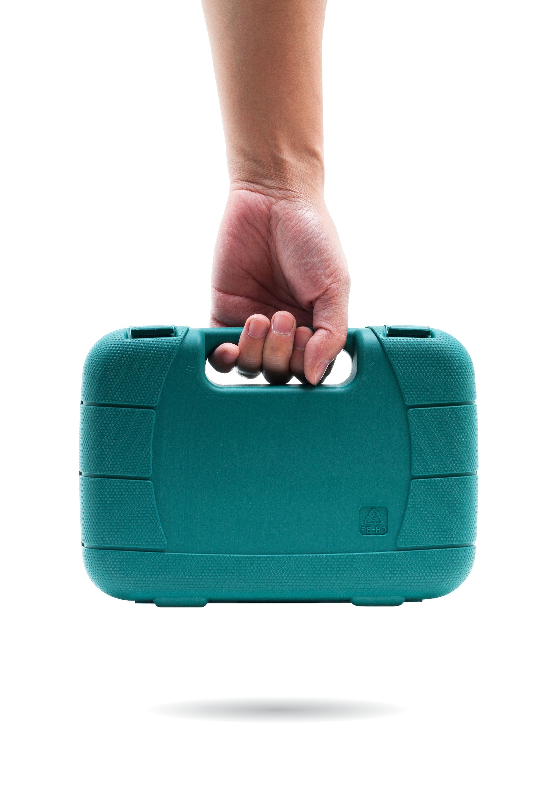 Holding a toolbox isolated on white background